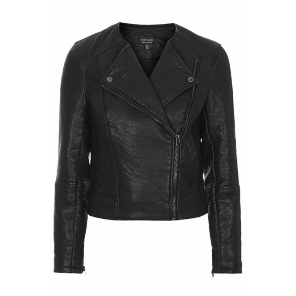 Topshop PETITE collarless moto leather jacket